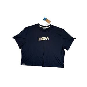 Hoka Athletic Graphic Boxy Crop Short Sleeve T Shirt Navy Blue Workout NEW